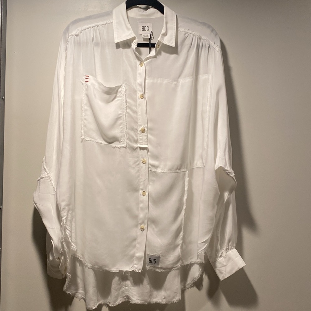BDG Urban Outfitters Button Down, Oversized White Flowy Shirt. With Raw Hem.